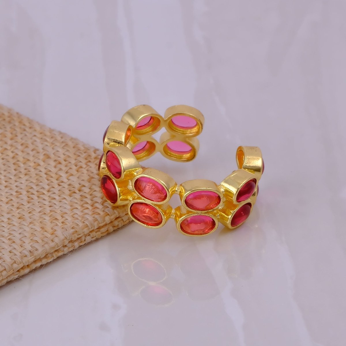 Dainty Oval Shape Pink Tourmaline Band Ring, 18K Gold Plated Adjustable Jewelry CR - 1028