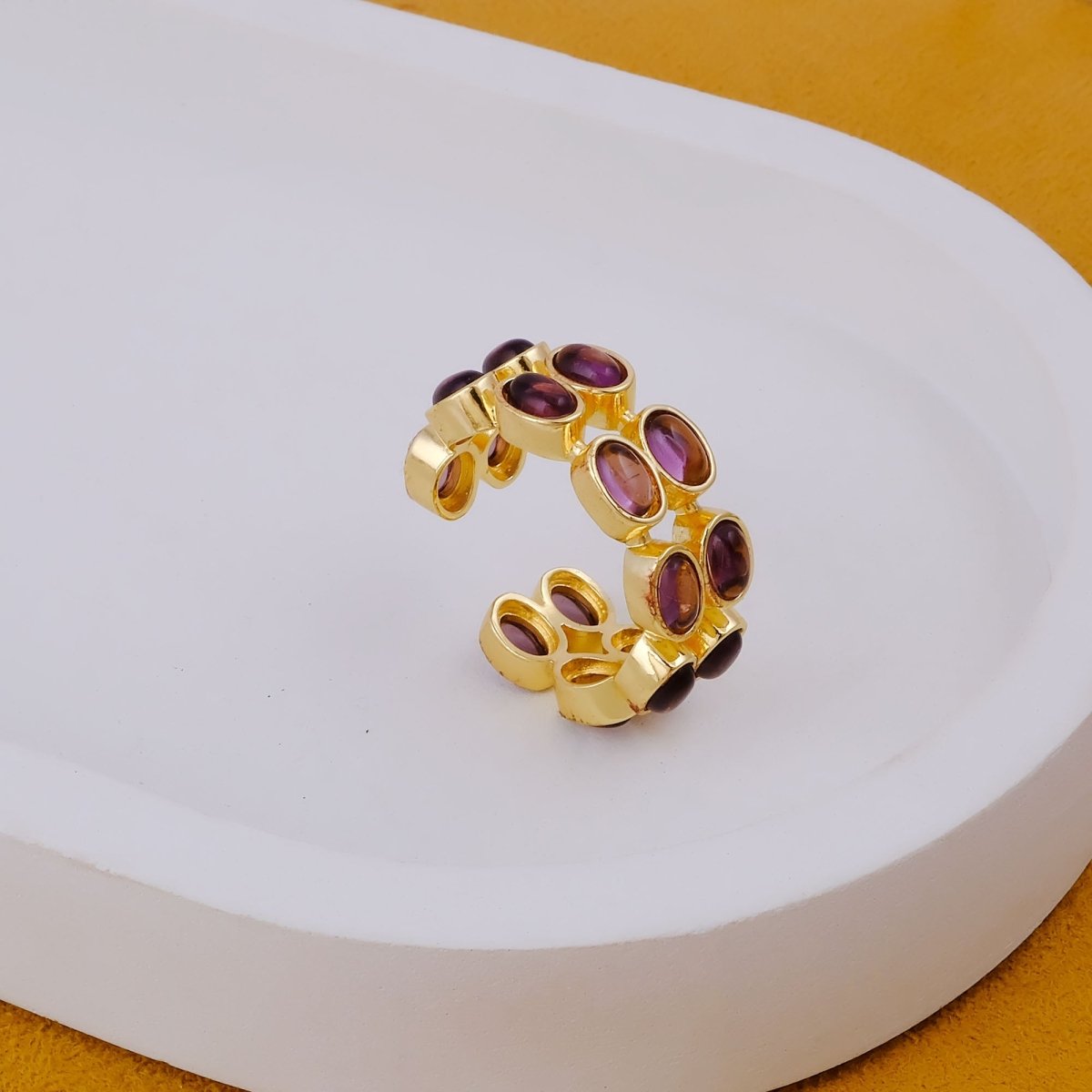 Dainty Oval Shape Pink Tourmaline Band Ring, 18K Gold Plated Adjustable Jewelry CR - 1028