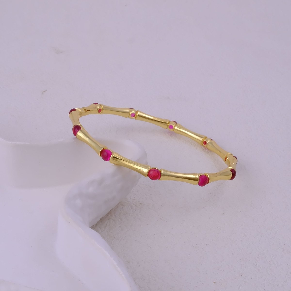 Dainty Pink Fuchsia Stacking Bangle, Bamboo Style Gold Plated Brass Jewelry Cb - 1001