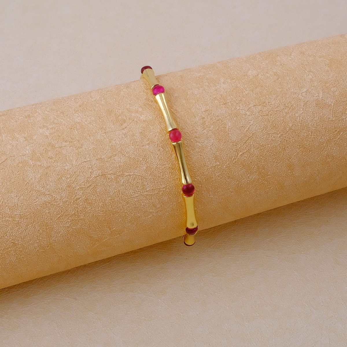 Dainty Pink Fuchsia Stacking Bangle, Bamboo Style Gold Plated Brass Jewelry Cb - 1001