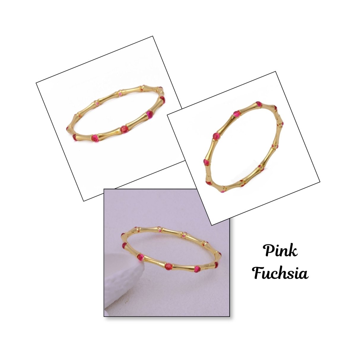 Dainty Pink Fuchsia Stacking Bangle, Bamboo Style Gold Plated Brass Jewelry Cb - 1001