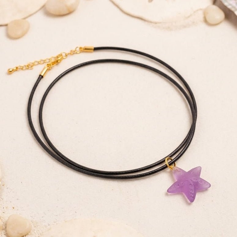 Dainty Starfish Pendant Necklace on Black Cord, Summer Beach Jewelry for Her 5252 Pink