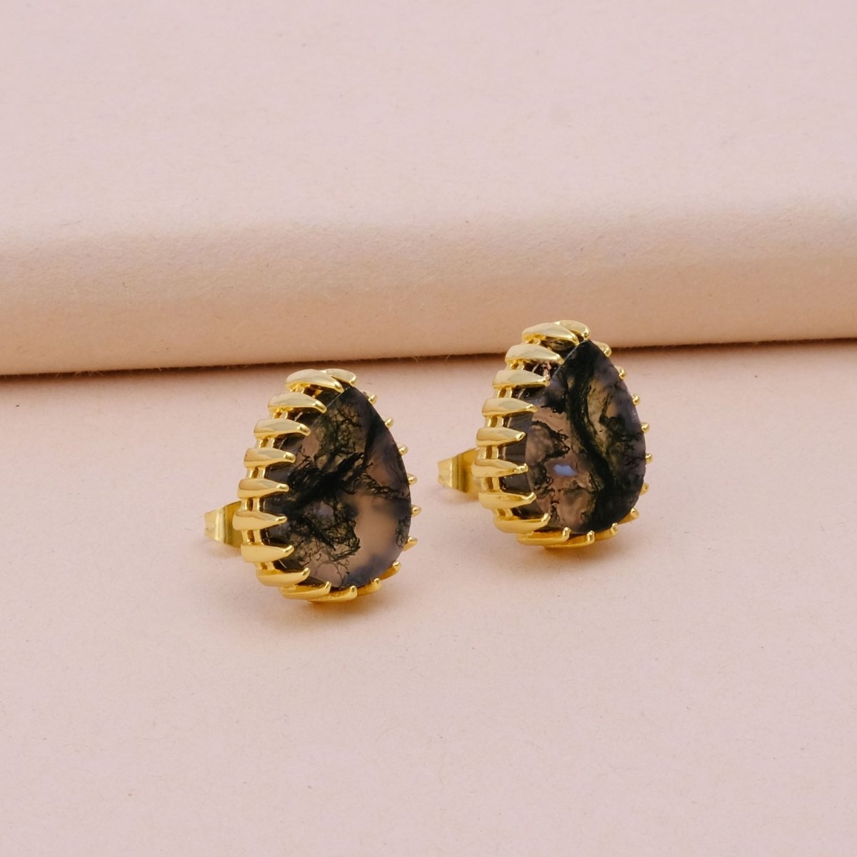 Dendrite Opal Stud Earring Gold Plated Prong Setting Gemstone Handmade Earring Moss Agate