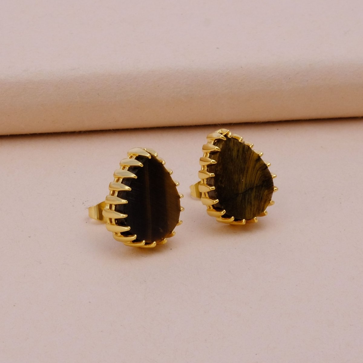 Dendrite Opal Stud Earring Gold Plated Prong Setting Gemstone Handmade Earring Tiger Eye