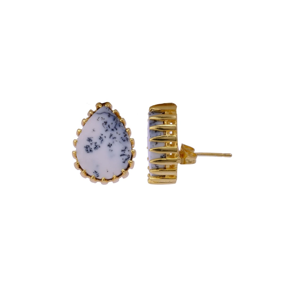 Dendrite Opal Stud Earring Gold Plated Prong Setting Gemstone Handmade Earring