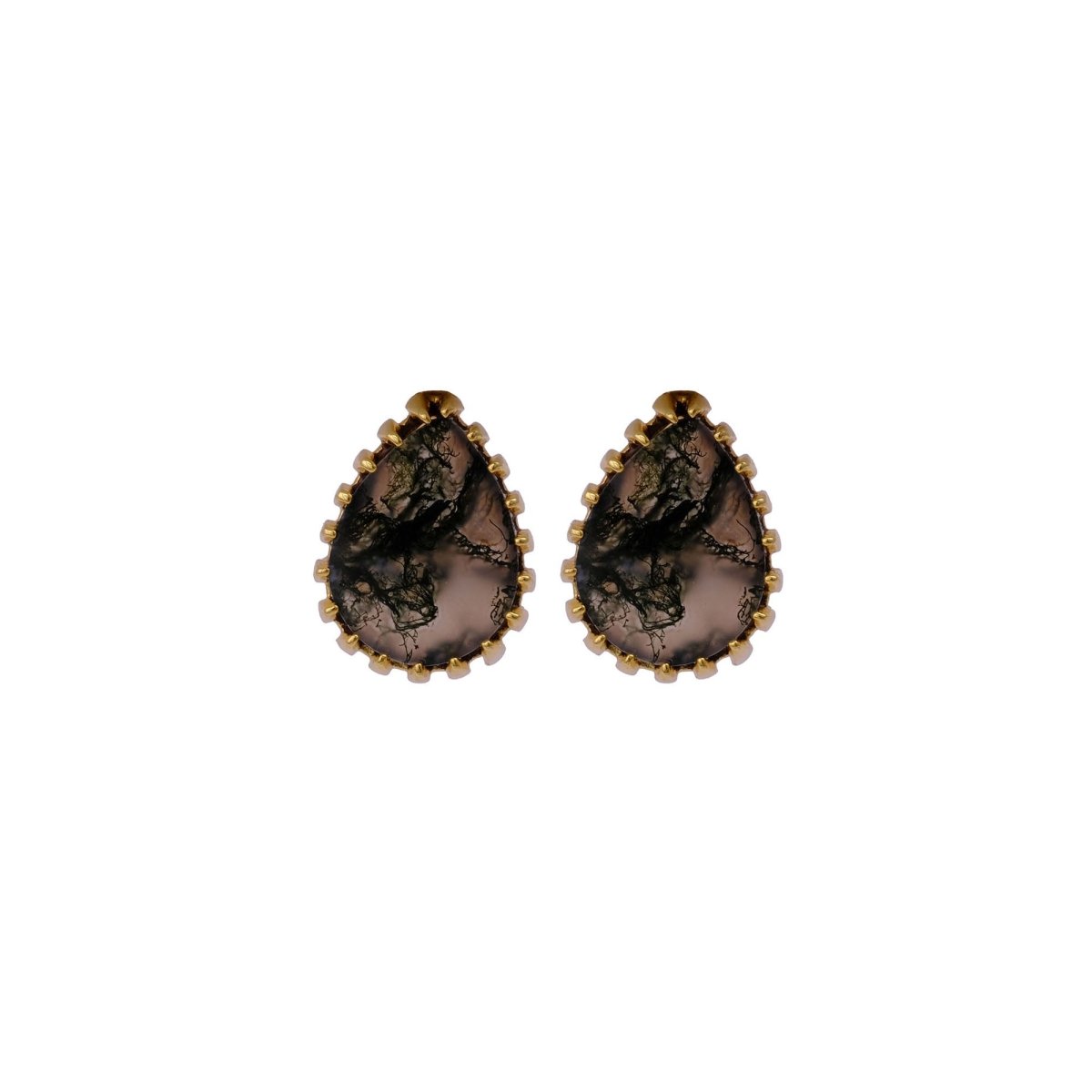 Dendrite Opal Stud Earring Gold Plated Prong Setting Gemstone Handmade Earring