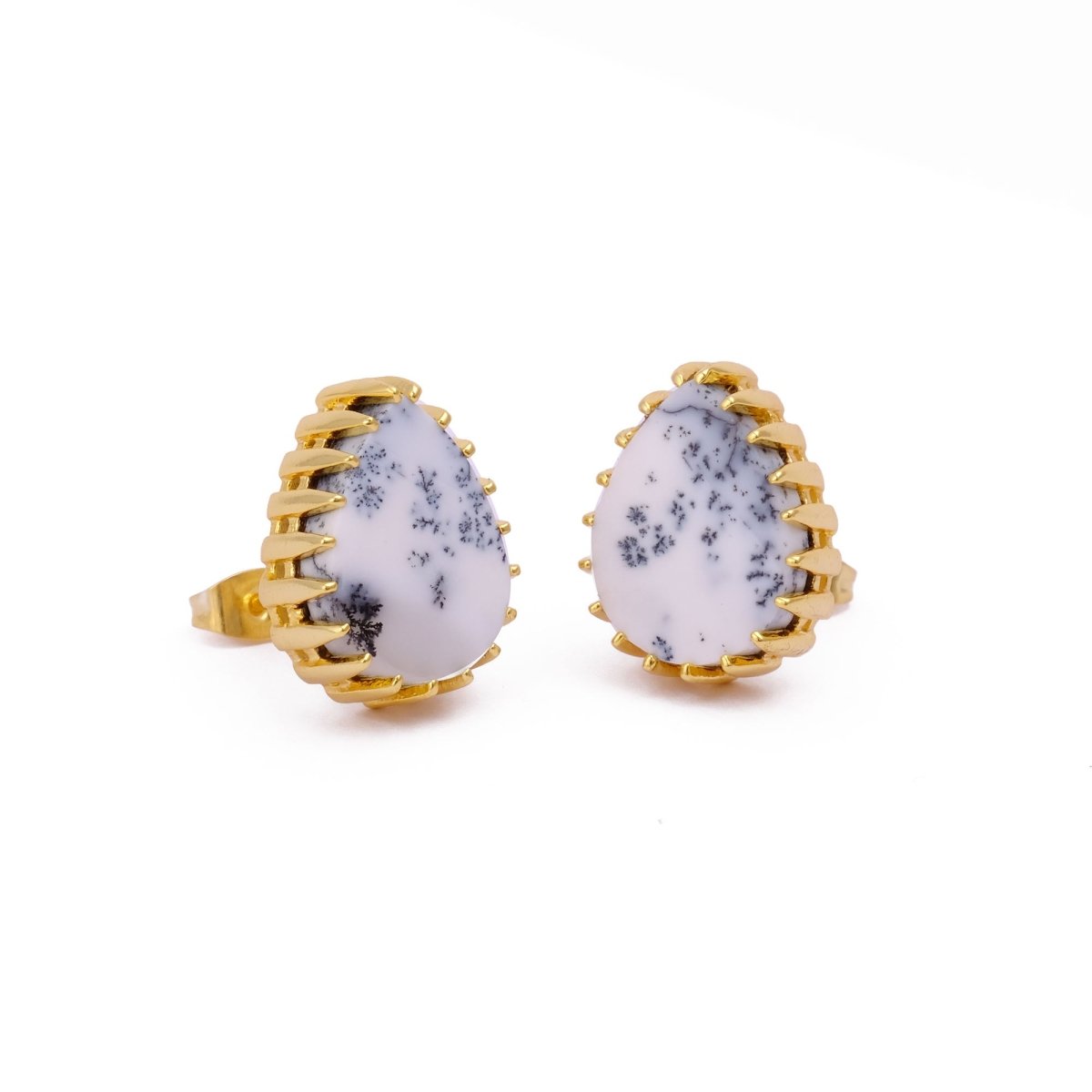 Dendrite Opal Stud Earring Gold Plated Prong Setting Gemstone Handmade Earring