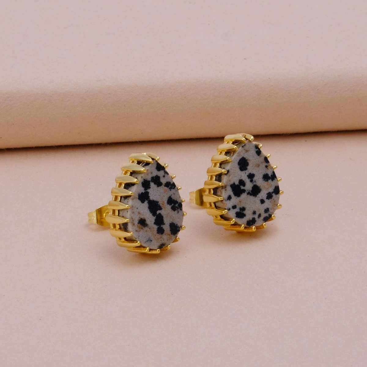 Dendrite Opal Stud Earring Gold Plated Prong Setting Gemstone Handmade Earring Dalmatian Jasper