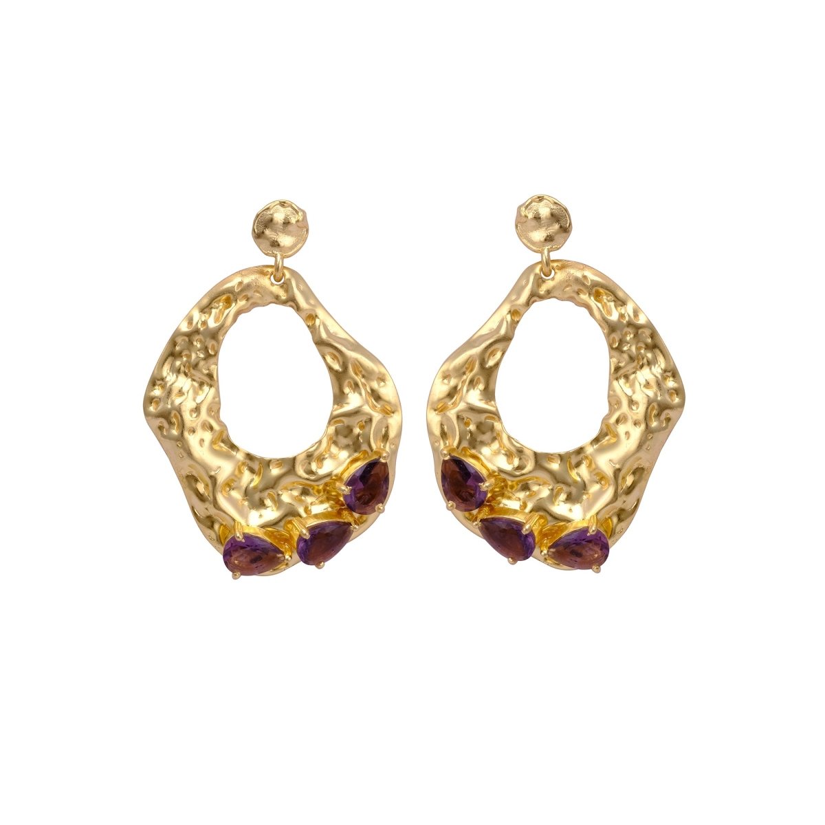 Designer Peridot Gemstone Dangle Earrings – 18K Gold Plated Hammered Drop Earrings with Collet Set Studs, Push Back Closure.S