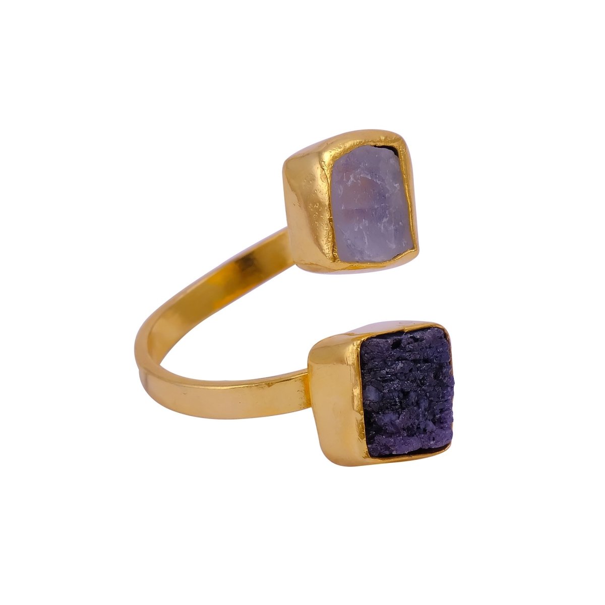 Double Square Stone Gemstone Open Ring, Gold Plated Bypass Ring 5295