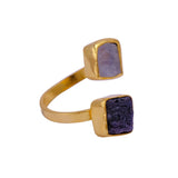 Double Square Stone Gemstone Open Ring, Gold Plated Bypass Ring 5295