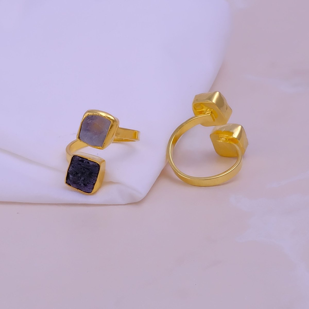 Double Square Stone Gemstone Open Ring, Gold Plated Bypass Ring 5295