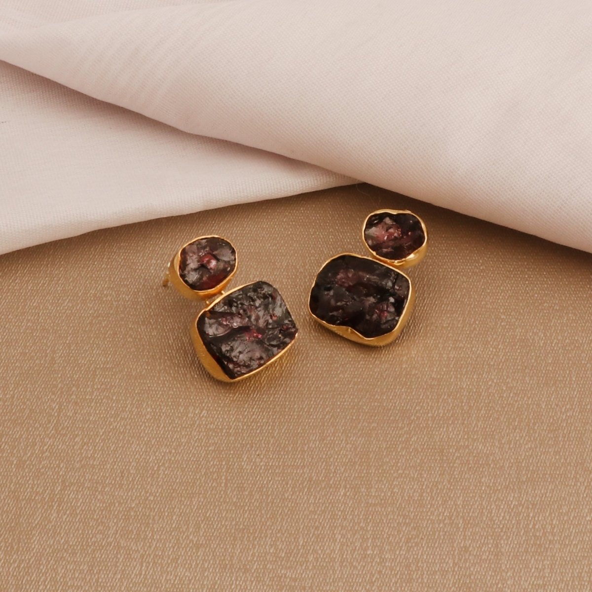 Double Stone Strawberry Quartz Gemstone Statement Earrings, Bezel Set Jewelry 5027