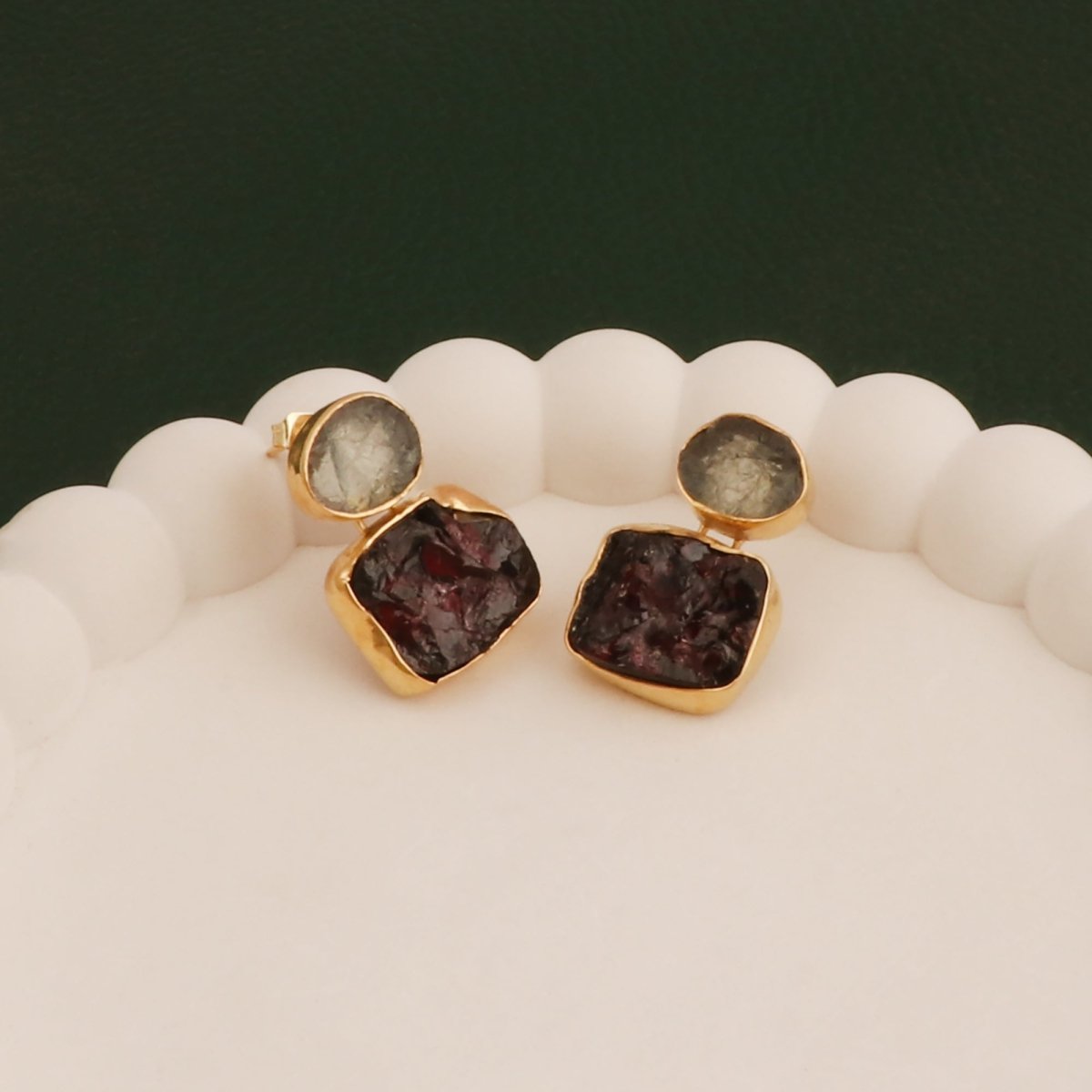 Double Stone Strawberry Quartz Gemstone Statement Earrings, Bezel Set Jewelry 5027