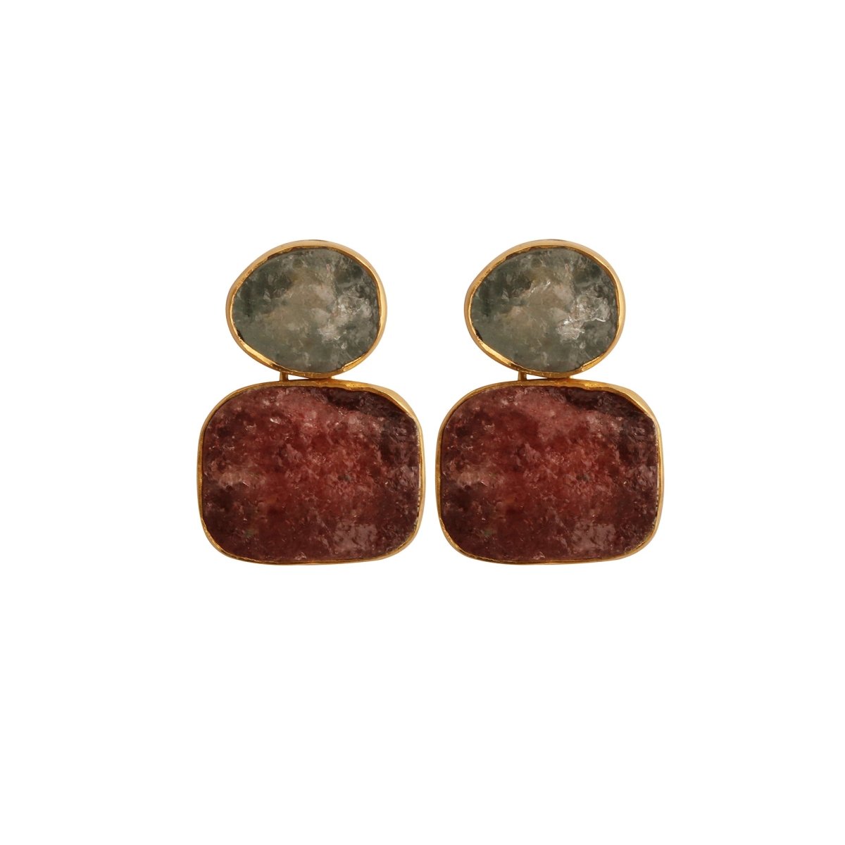 Double Stone Strawberry Quartz Gemstone Statement Earrings, Bezel Set Jewelry 5027