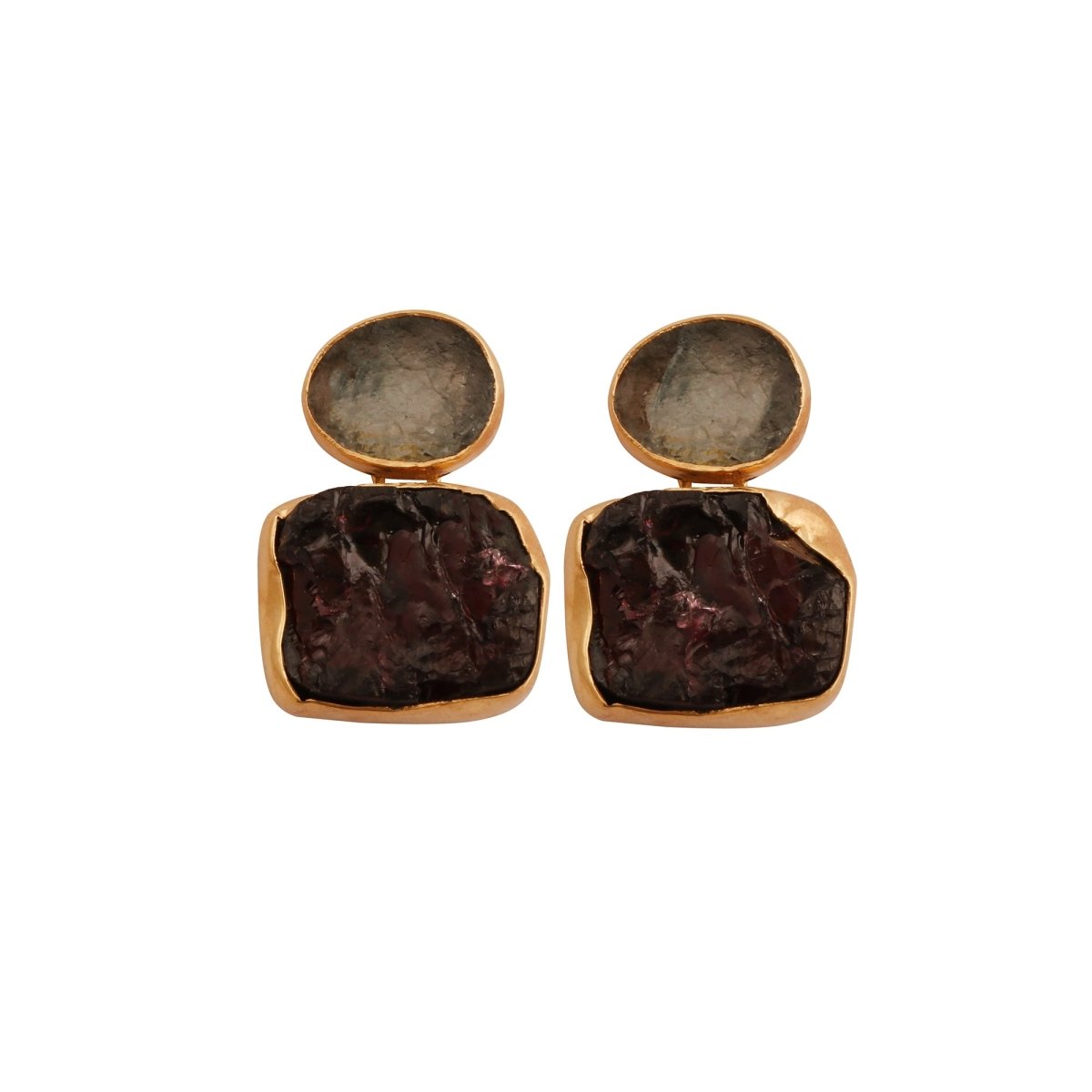 Double Stone Strawberry Quartz Gemstone Statement Earrings, Bezel Set Jewelry 5027