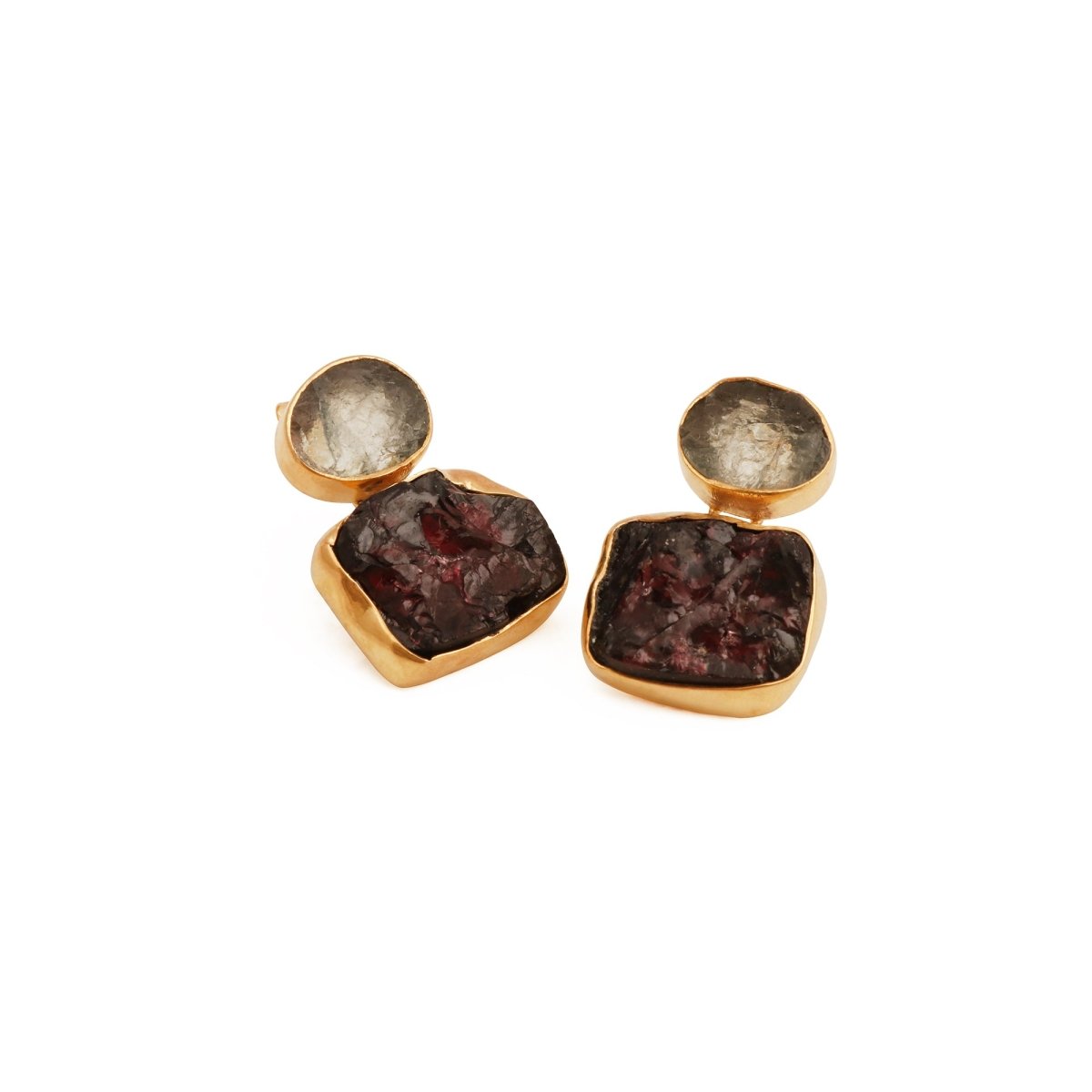 Double Stone Strawberry Quartz Gemstone Statement Earrings, Bezel Set Jewelry 5027