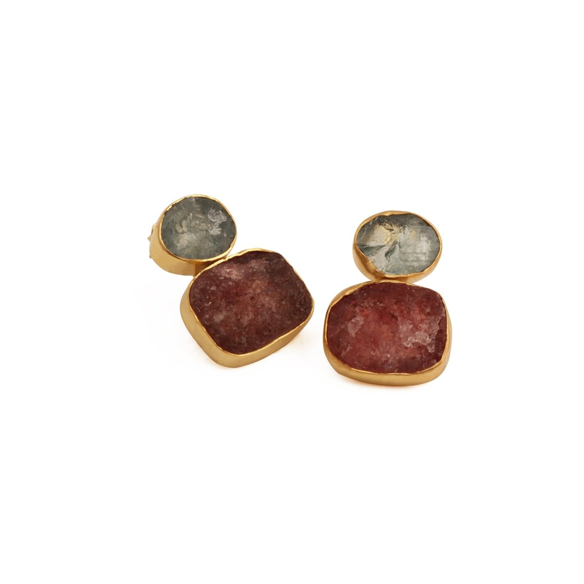 Double Stone Strawberry Quartz Gemstone Statement Earrings, Bezel Set Jewelry 5027