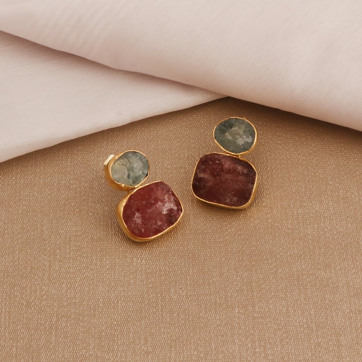 Double Stone Strawberry Quartz Gemstone Statement Earrings, Bezel Set Jewelry 5027