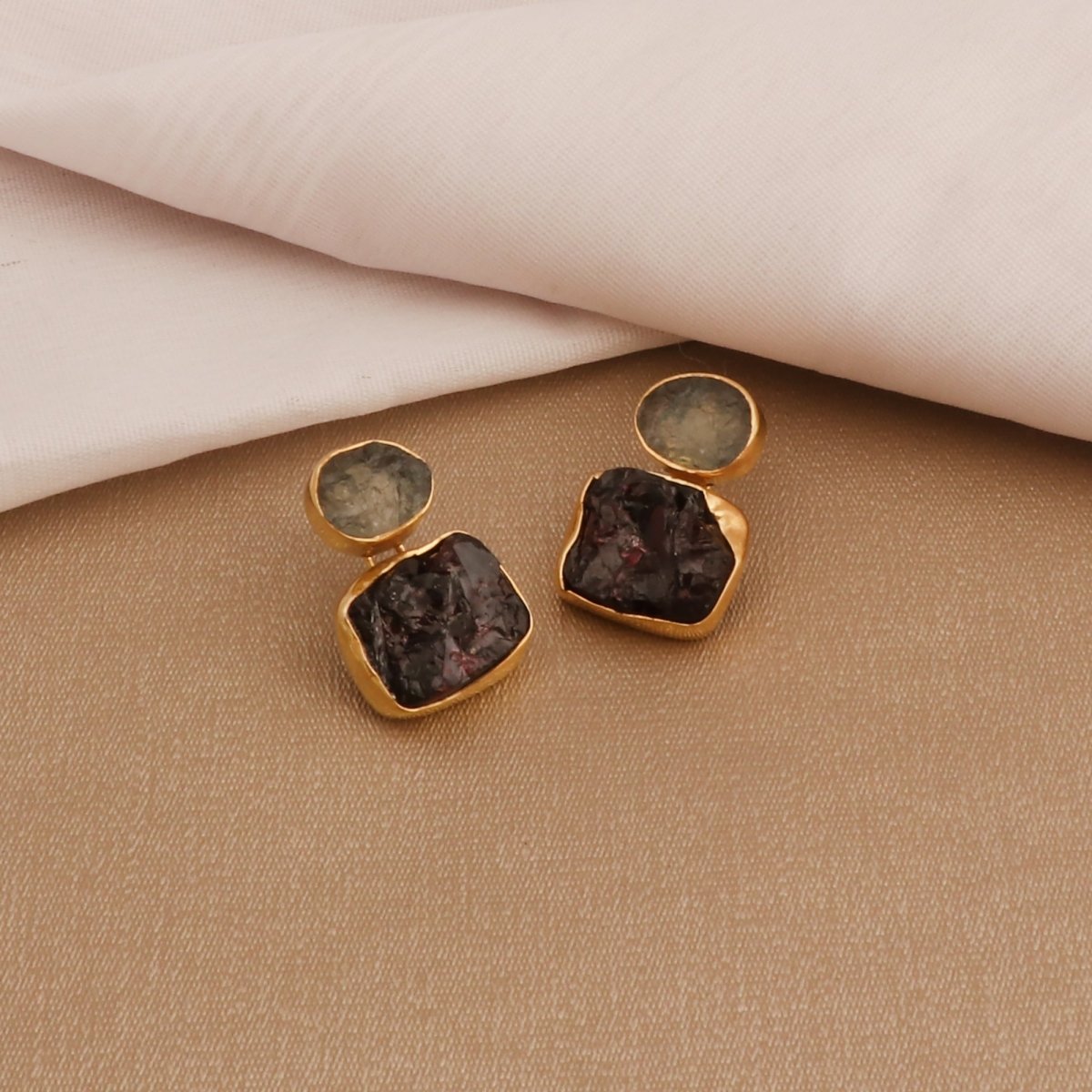 Double Stone Strawberry Quartz Gemstone Statement Earrings, Bezel Set Jewelry 5027