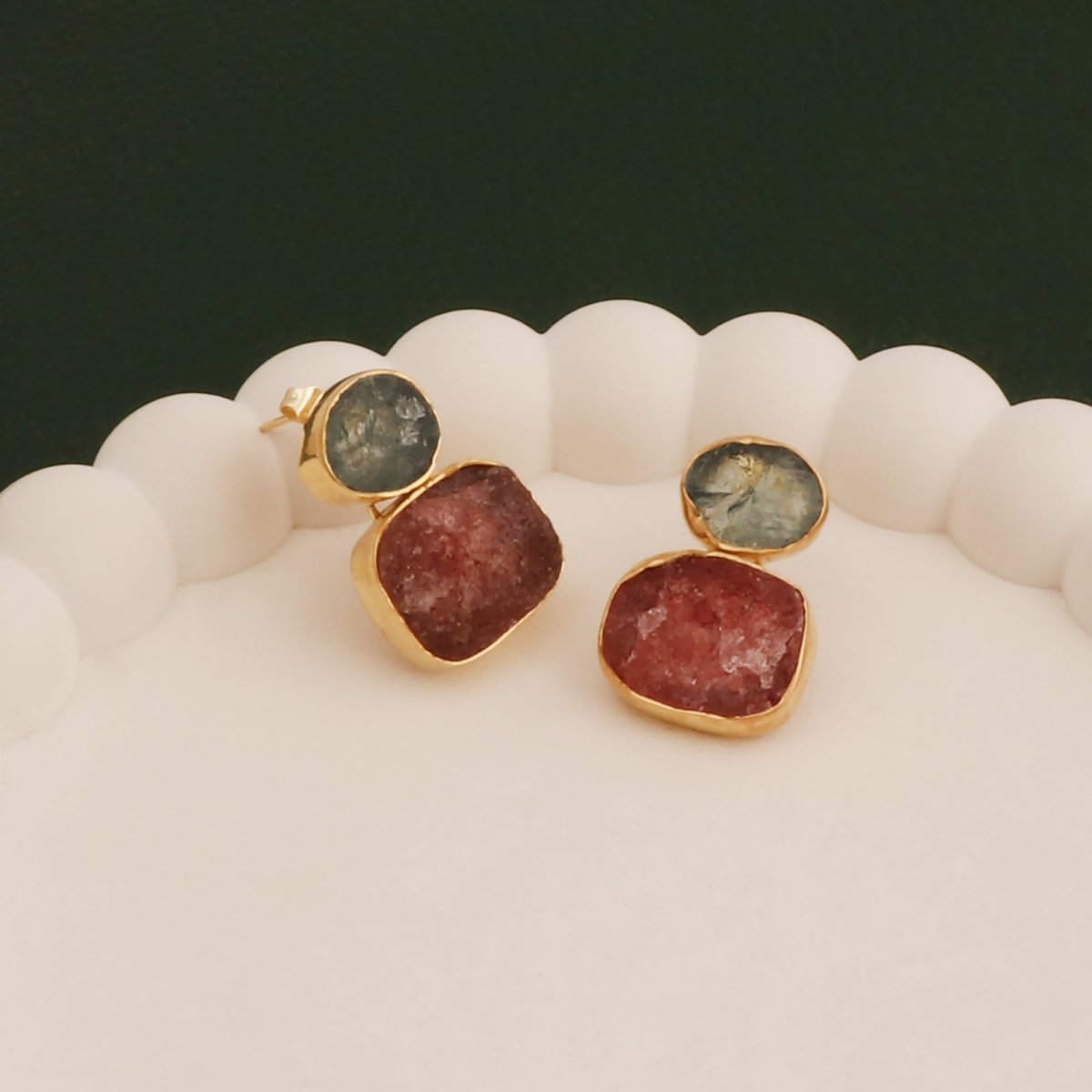 Double Stone Strawberry Quartz Gemstone Statement Earrings, Bezel Set Jewelry 5027