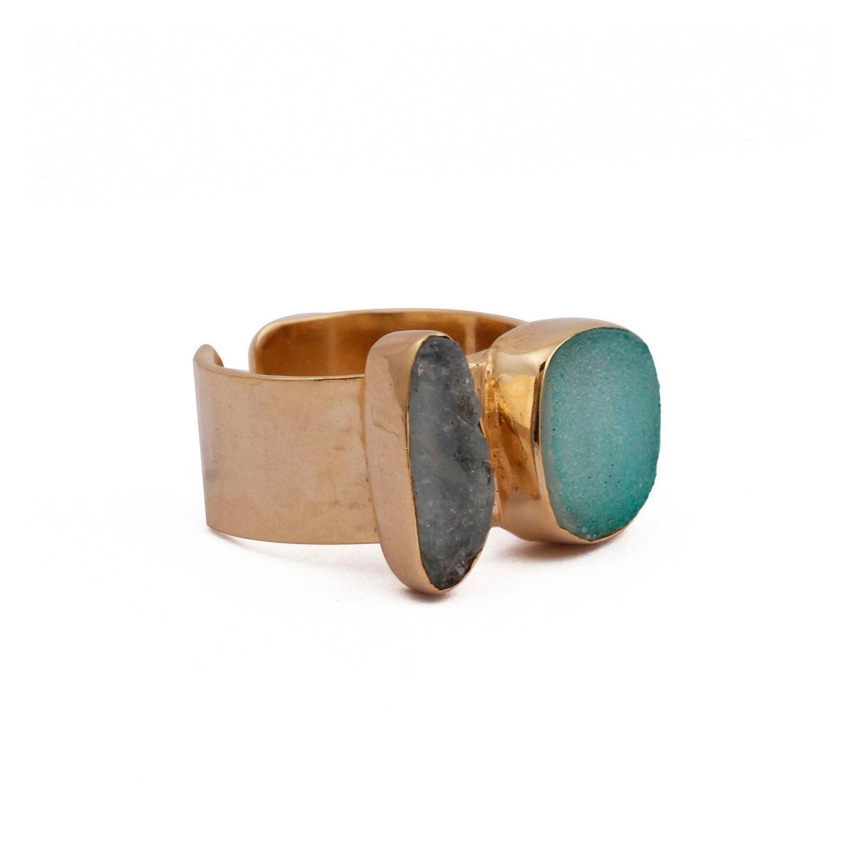 Druzy Sapphire Spinner Ring, Double Stone Wide Gold Plated Band Ring