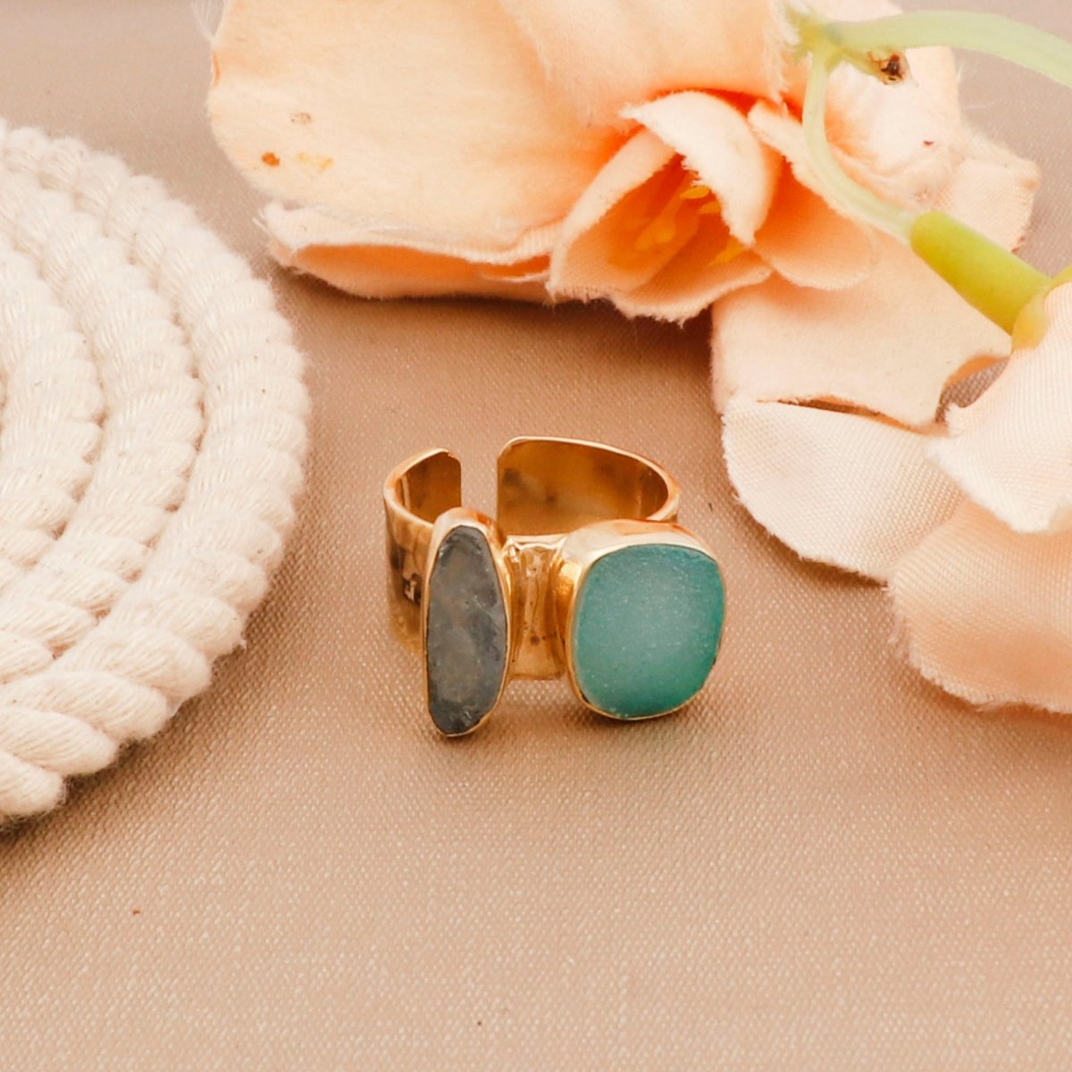 Druzy Sapphire Spinner Ring, Double Stone Wide Gold Plated Band Ring