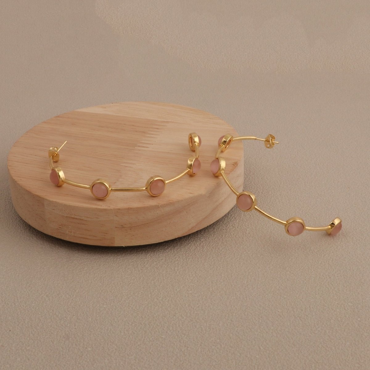 Elegant Cats Eye Open Hoop Earrings, Gold Plated Bezel Set Jewelry CE-1029