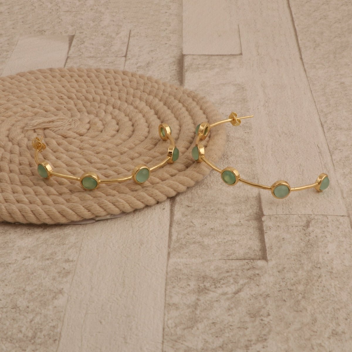 Elegant Cats Eye Open Hoop Earrings, Gold Plated Bezel Set Jewelry CE-1029