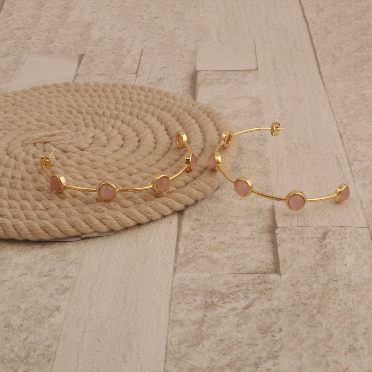 Elegant Cats Eye Open Hoop Earrings, Gold Plated Bezel Set Jewelry CE-1029
