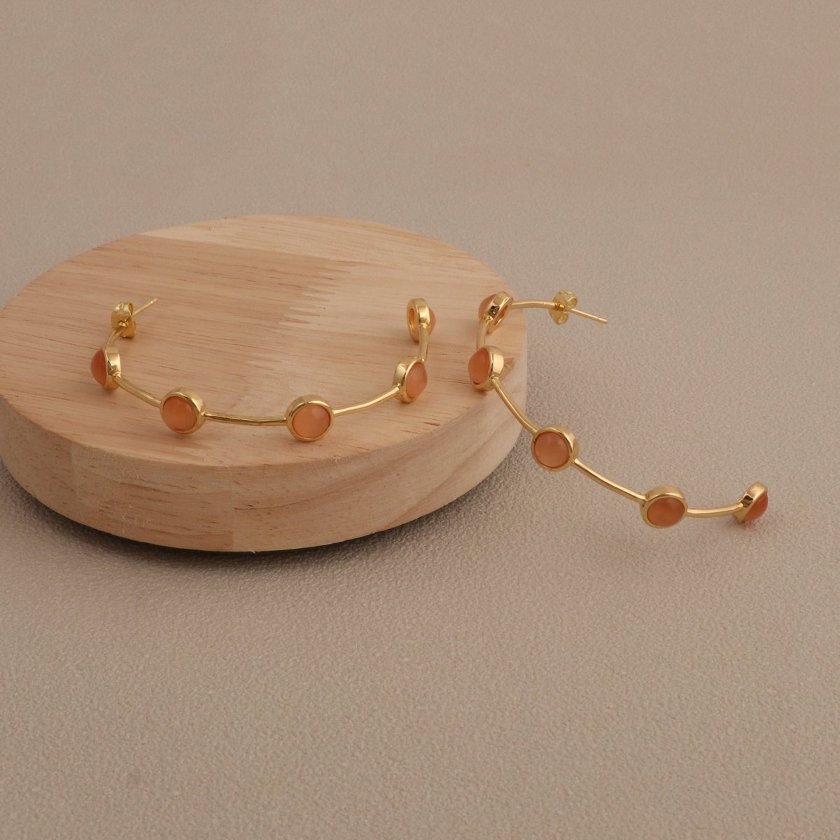 Elegant Cats Eye Open Hoop Earrings, Gold Plated Bezel Set Jewelry CE-1029