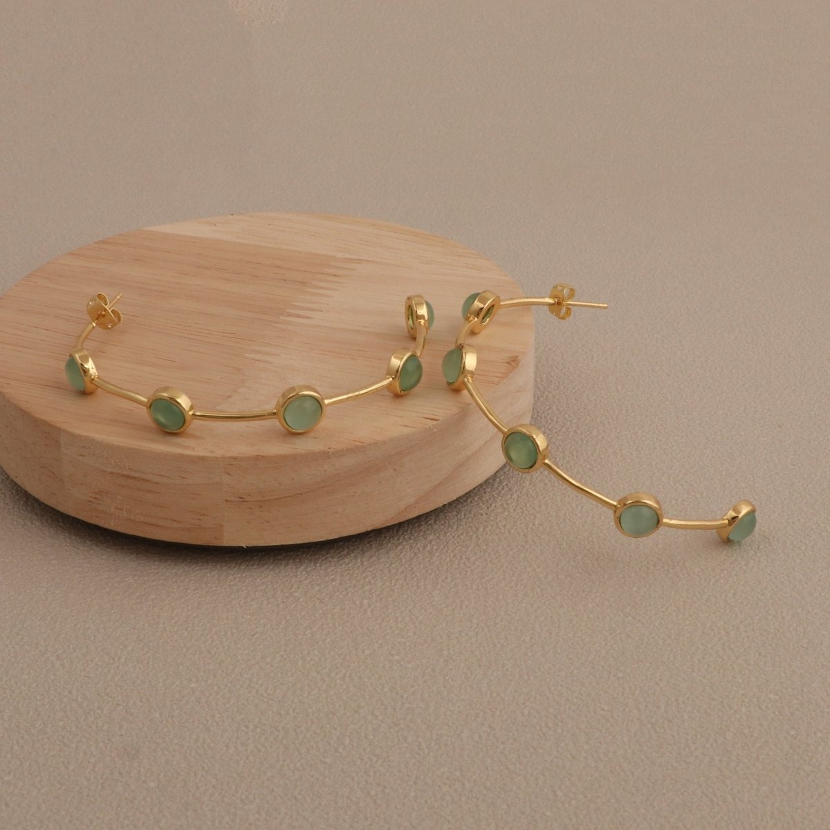 Elegant Cats Eye Open Hoop Earrings, Gold Plated Bezel Set Jewelry CE-1029