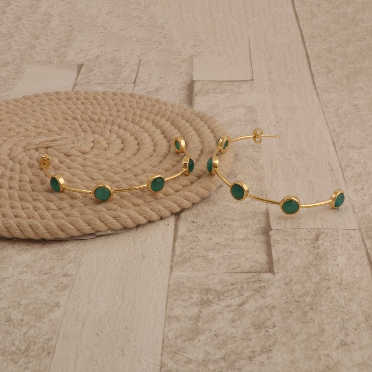 Elegant Cats Eye Open Hoop Earrings, Gold Plated Bezel Set Jewelry CE-1029
