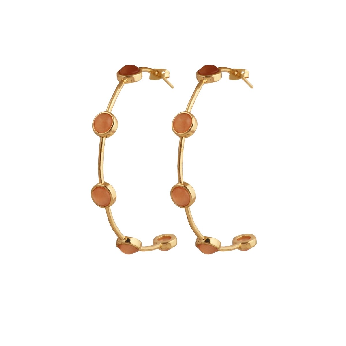 Elegant Cats Eye Open Hoop Earrings, Gold Plated Bezel Set Jewelry CE-1029