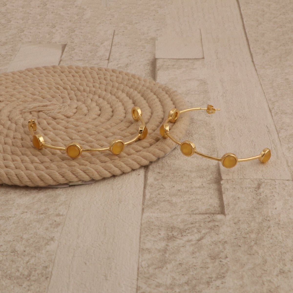 Elegant Cats Eye Open Hoop Earrings, Gold Plated Bezel Set Jewelry CE-1029