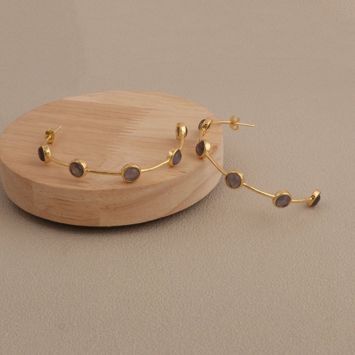 Elegant Cats Eye Open Hoop Earrings, Gold Plated Bezel Set Jewelry CE-1029
