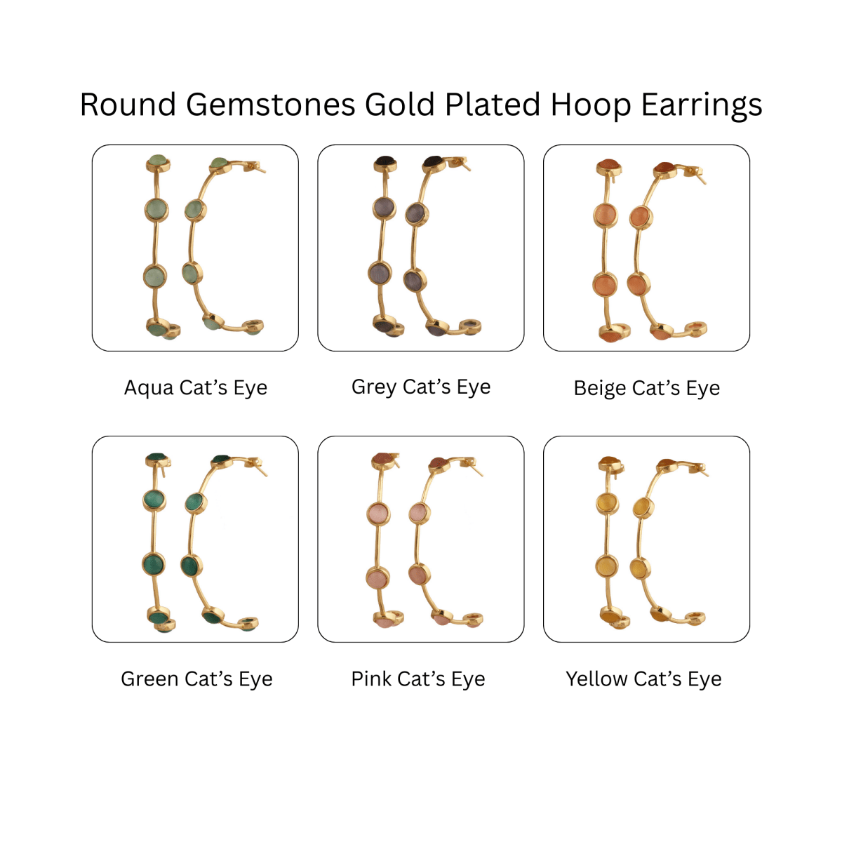 Elegant Cats Eye Open Hoop Earrings, Gold Plated Bezel Set Jewelry CE-1029