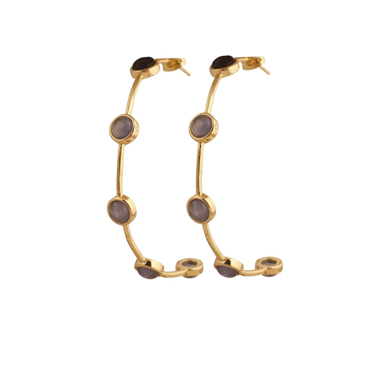 Elegant Cats Eye Open Hoop Earrings, Gold Plated Bezel Set Jewelry CE-1029