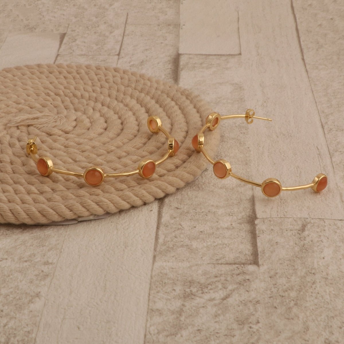 Elegant Cats Eye Open Hoop Earrings, Gold Plated Bezel Set Jewelry CE-1029
