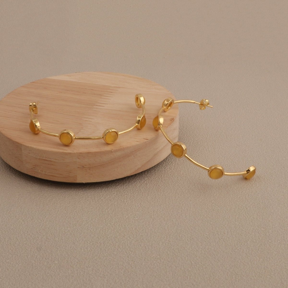 Elegant Cats Eye Open Hoop Earrings, Gold Plated Bezel Set Jewelry CE-1029