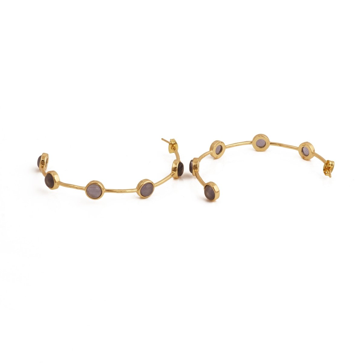 Elegant Cats Eye Open Hoop Earrings, Gold Plated Bezel Set Jewelry CE-1029