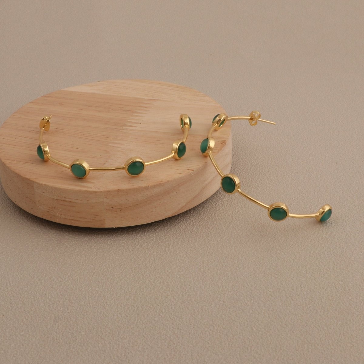 Elegant Cats Eye Open Hoop Earrings, Gold Plated Bezel Set Jewelry CE-1029