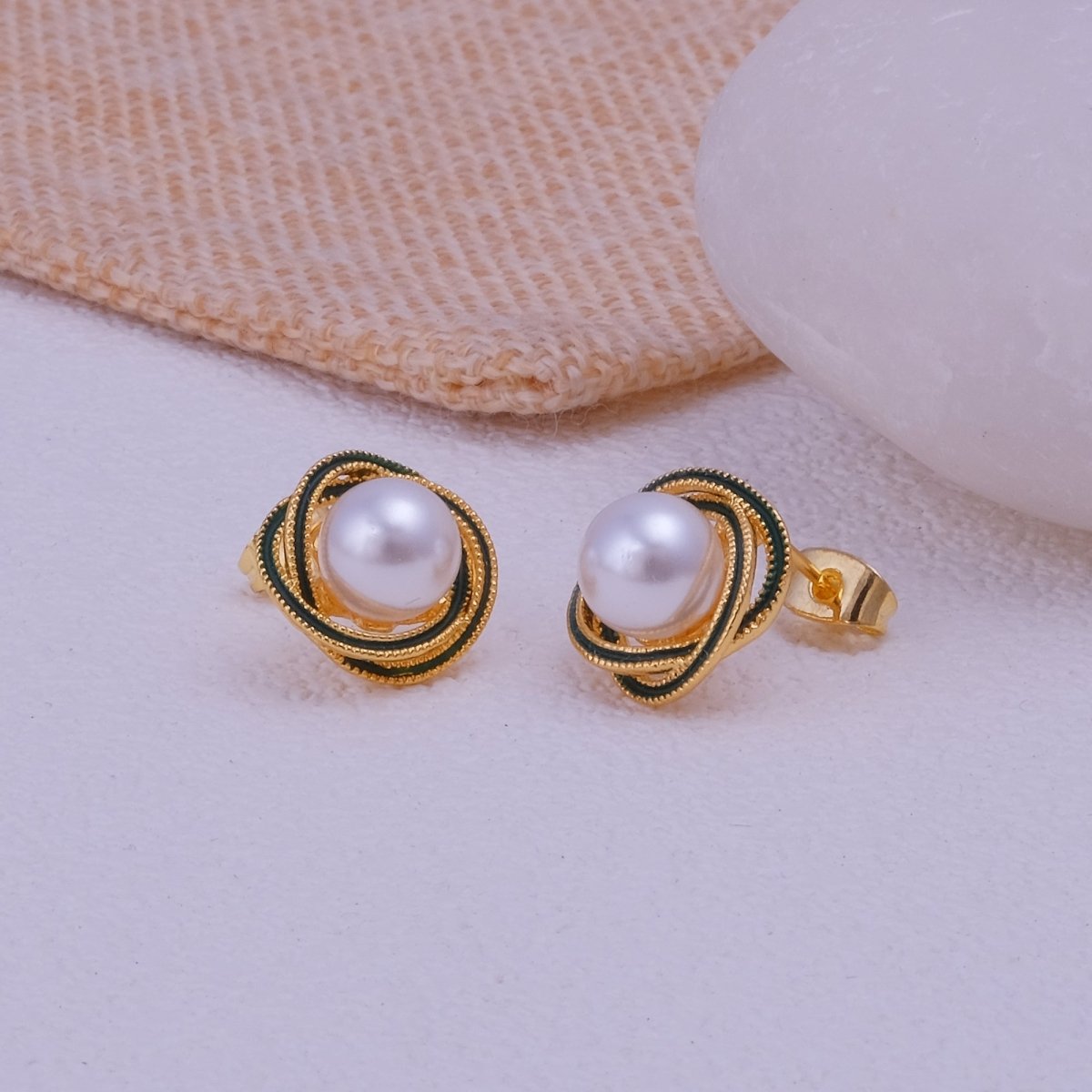 Elegant Enamel Pearl Gemstone Gold Plated Flower Design Twist Earrings