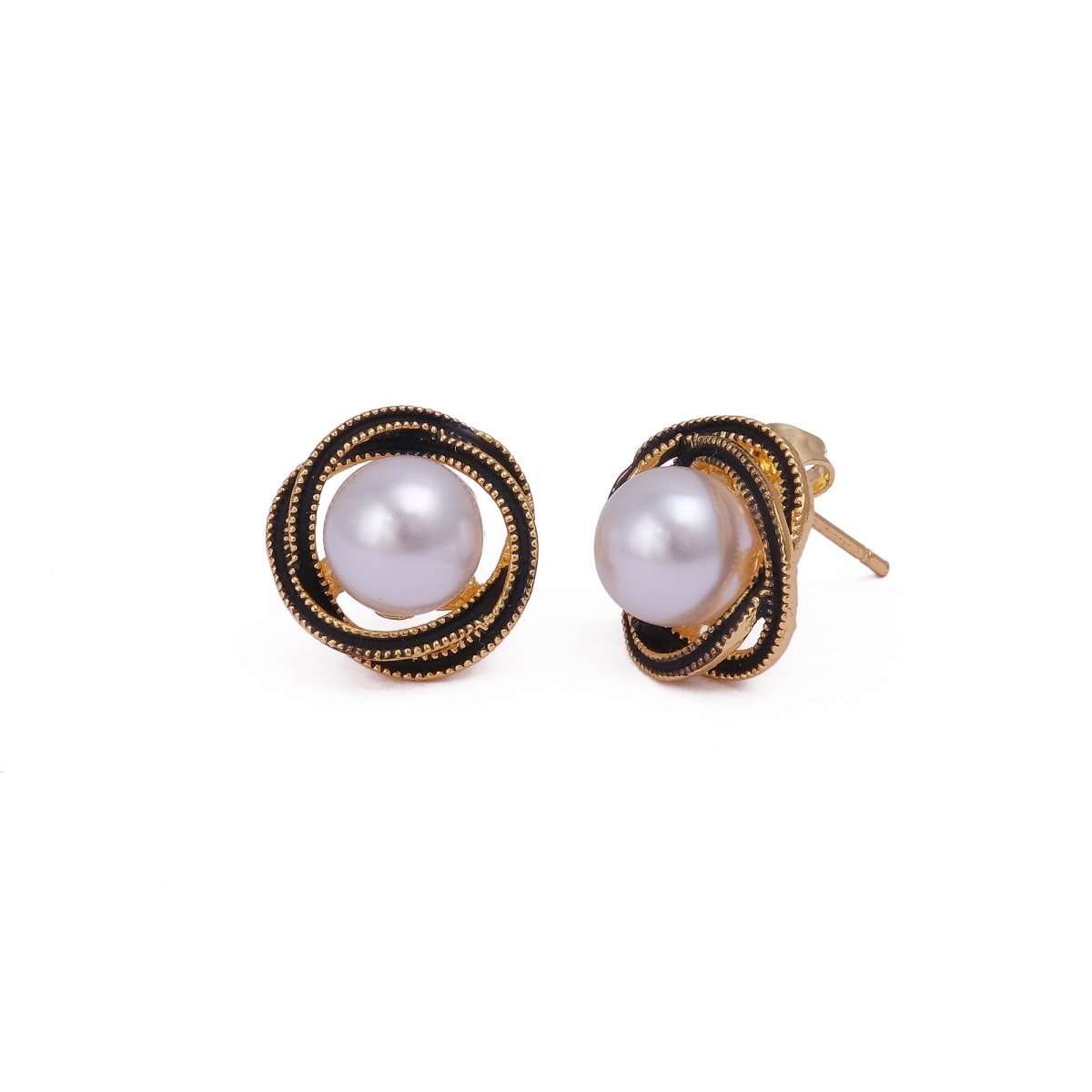 Elegant Enamel Pearl Gemstone Gold Plated Flower Design Twist Earrings