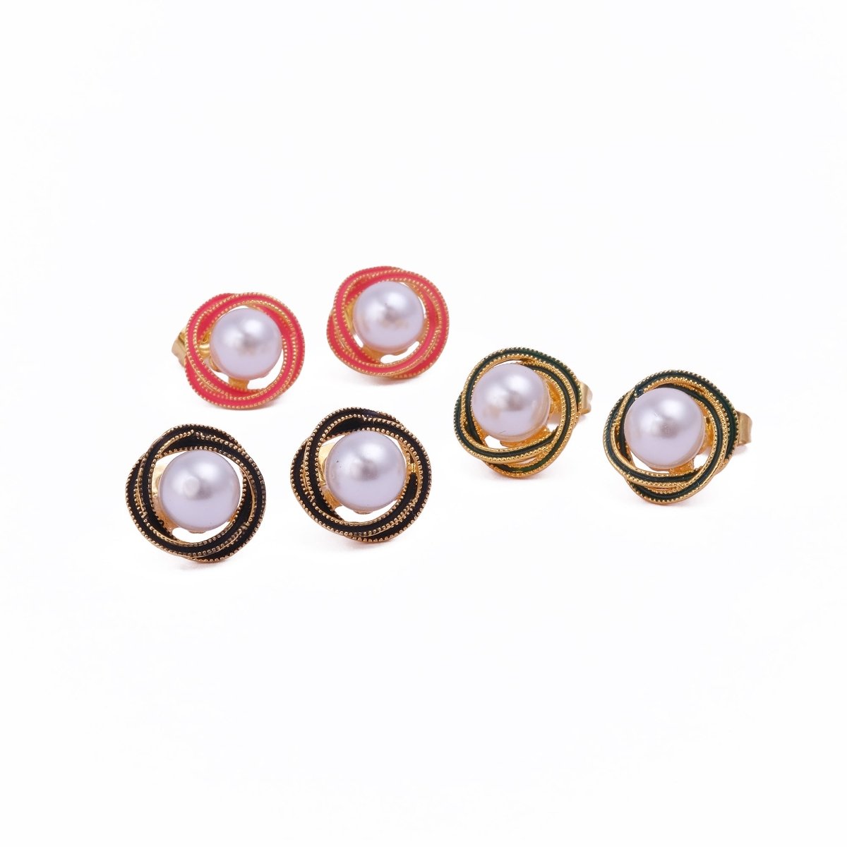 Elegant Enamel Pearl Gemstone Gold Plated Flower Design Twist Earrings