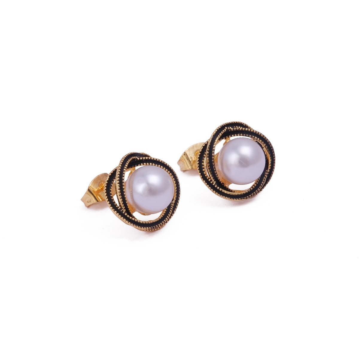 Elegant Enamel Pearl Gemstone Gold Plated Flower Design Twist Earrings Black
