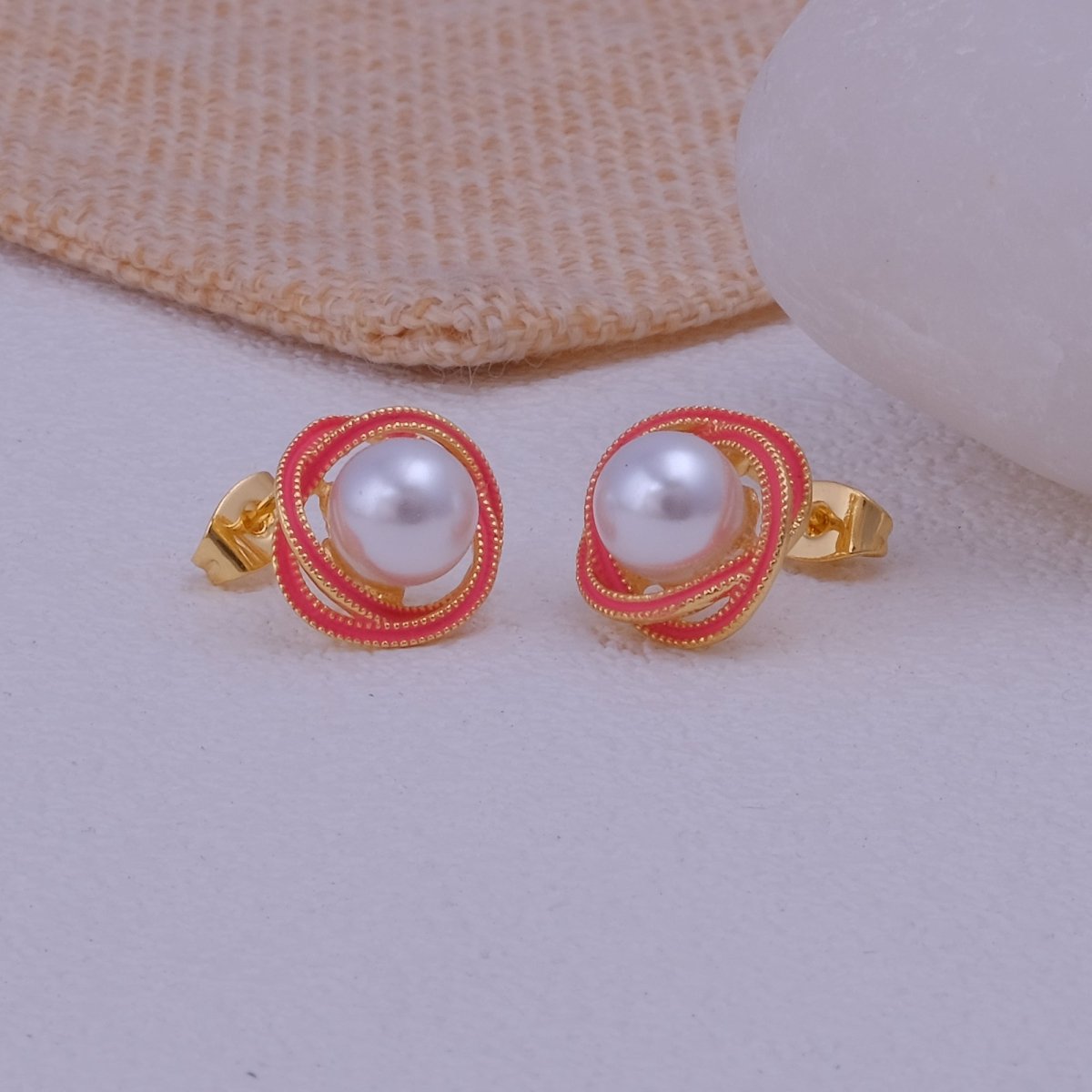 Elegant Enamel Pearl Gemstone Gold Plated Flower Design Twist Earrings