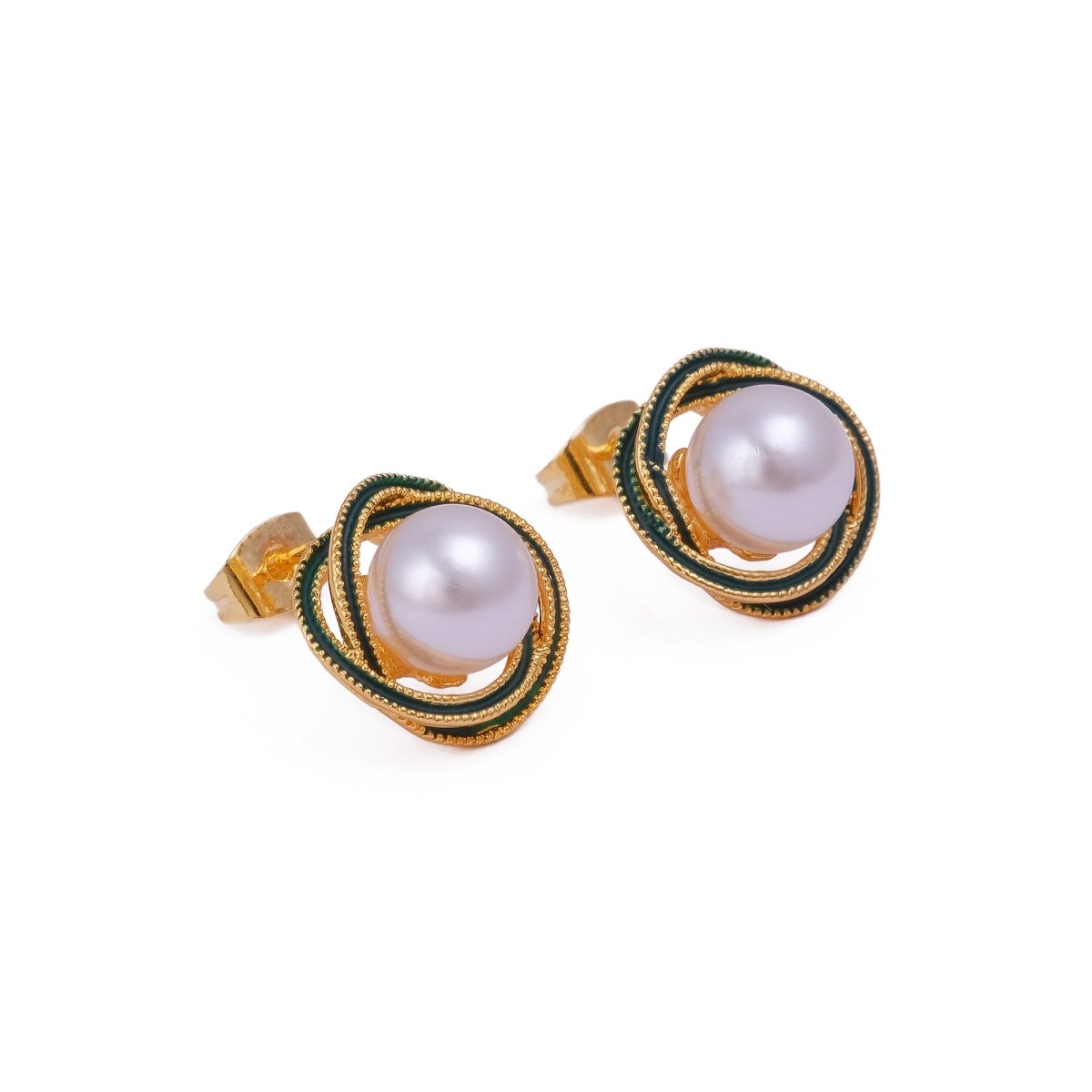 Elegant Enamel Pearl Gemstone Gold Plated Flower Design Twist Earrings Green