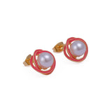 Elegant Enamel Pearl Gemstone Gold Plated Flower Design Twist Earrings Pink