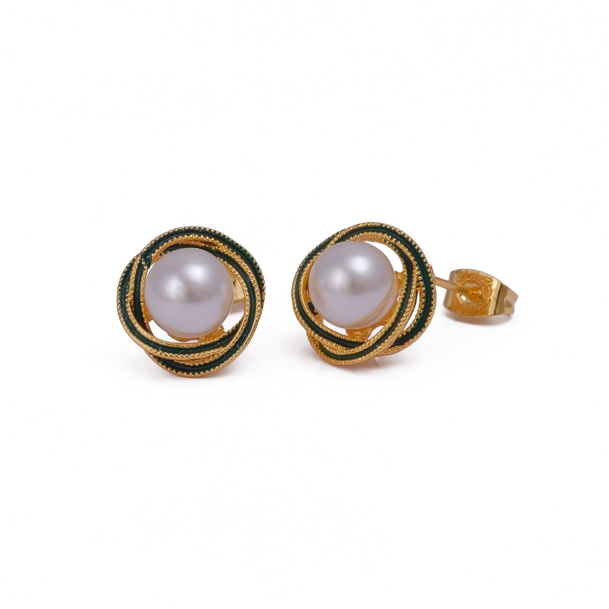 Elegant Enamel Pearl Gemstone Gold Plated Flower Design Twist Earrings